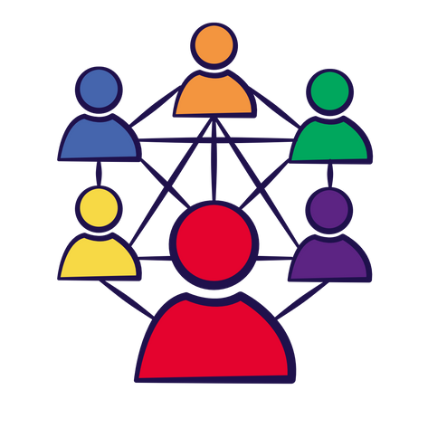 Pictogram of community displaying colourful people who are connected by lines.
